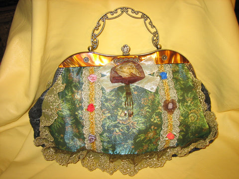 Green velvet vantage purse with metal handle